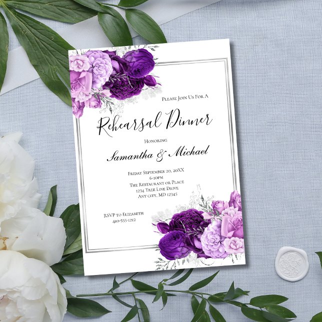Purple Silver Floral Elegant Rehearsal Dinner Invitation (Purple Silver Floral Elegant Wedding Rehearsal Dinner Invitation. Printed  Instant digital download)