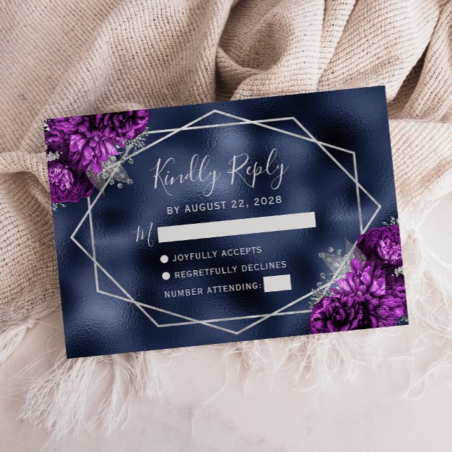 Purple Silver Floral Geometric Navy Foil RSVP Card (Creator Uploaded)