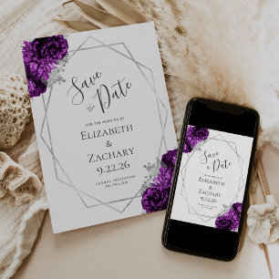 Purple Silver Floral Geometric White Save the Date
