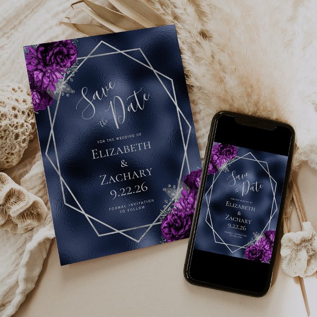 Purple Silver Floral Navy Blue Foil Save the Date (Creator Uploaded)