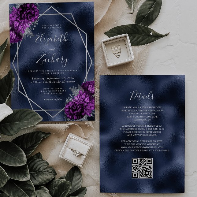 Purple Silver Floral Navy Foil QR Code Wedding Invitation (Creator Uploaded)
