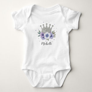 Purple Silver Floral Princess Crown Personalized Baby Bodysuit
