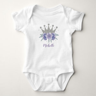 Purple Silver Floral Princess Crown Personalized Baby Bodysuit