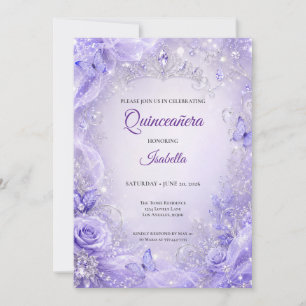 Purple Silver Floral Princess Quinceañera Invitation