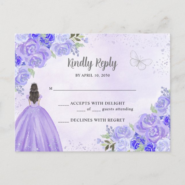 Purple Silver Floral Princess Quinceañera RSVP Postcard (Front)