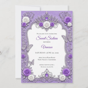 Purple Silver Floral Princess Sweet 16 Invitation