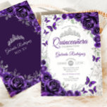 Purple Silver Floral Quinceanera Invitation<br><div class="desc">Purple silver and white Quinceanera celebration invitation. Features script font,  silver butterflies,  watercolor roses and tiara. Perfect for an elegant princess style glam celebration. Personalize with your own details. Printed Zazzle invitations or instant download digital printable template.</div>