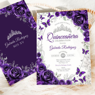 Purple Silver Floral Quinceanera Invitation
