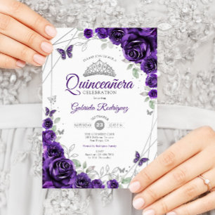 Purple Silver Floral Quinceanera Invitation
