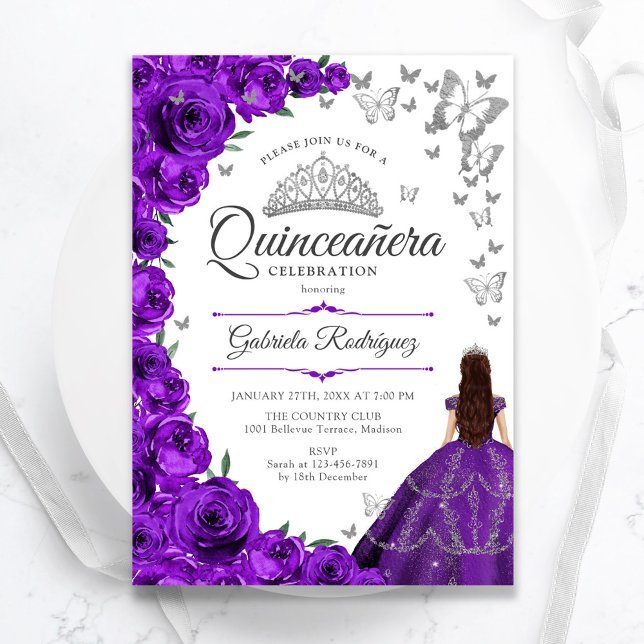 Purple Silver Floral Quinceanera Invitation (Creator Uploaded)