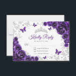 Purple Silver Floral Quinceanera Reply RSVP Card<br><div class="desc">Purple silver floral Quinceanera RSVP reply card. Features,  script font,  silver butterflies,  watercolor roses and tiara. Perfect for an elegant princess style glam celebration. Personalize with your own details.</div>