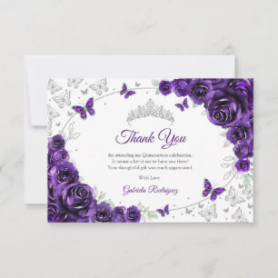Purple Silver Floral Quinceanera Thank You Card