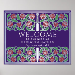 Purple Silver Floral Royal Wedding Welcome Sign