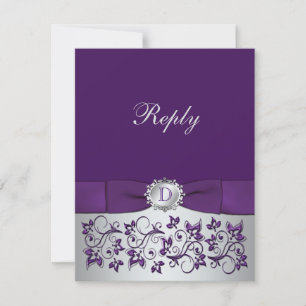Purple, Silver Floral Scroll Wedding Reply Card
