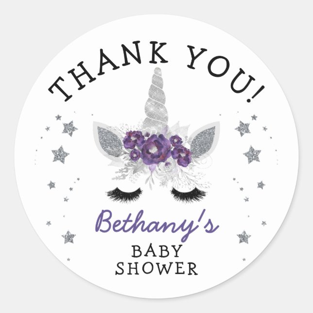 Purple Silver Floral Unicorn Baby Shower favour Classic Round Sticker (Front)
