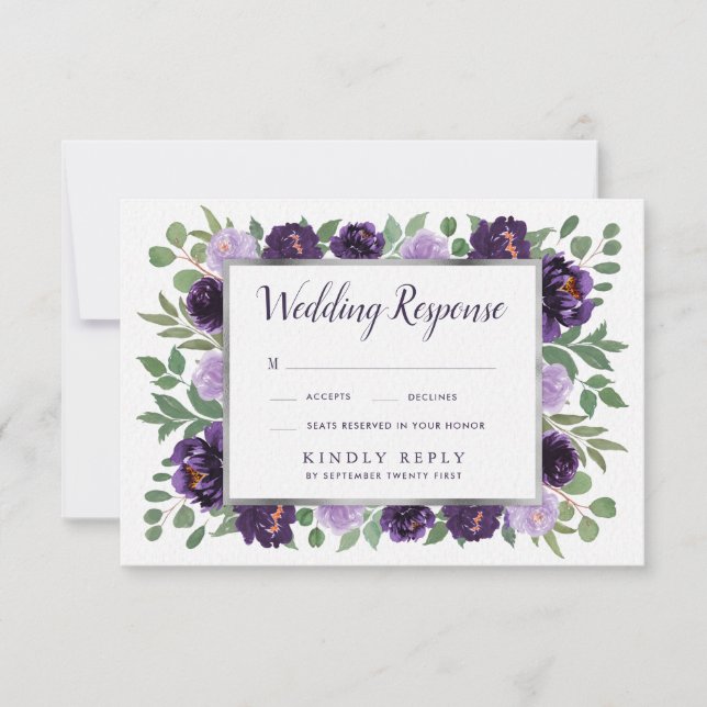 Purple Silver Floral Watercolor Wedding RSVP Cards (Front)