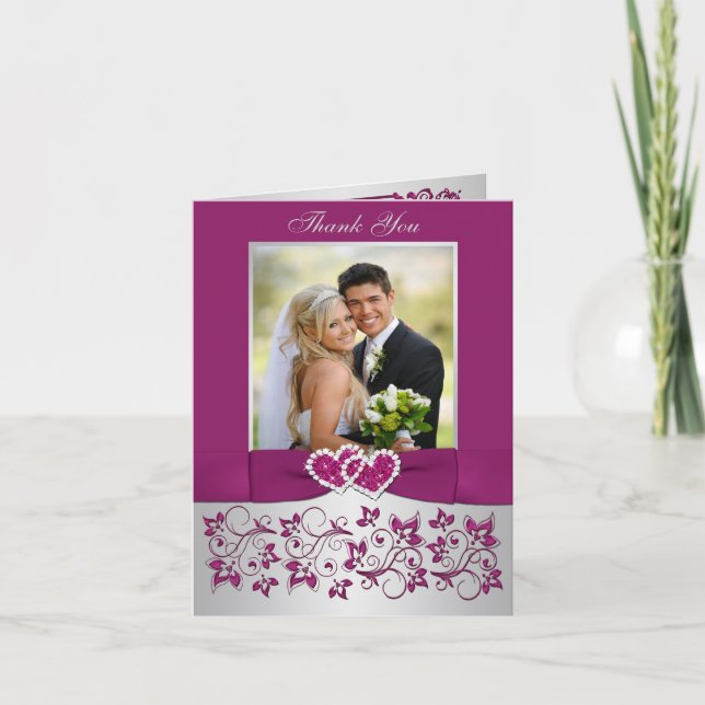 Purple, Silver Floral Wedding Photo Thank You Card (Front)