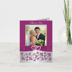 Purple, Silver Floral Wedding Photo Thank You Card