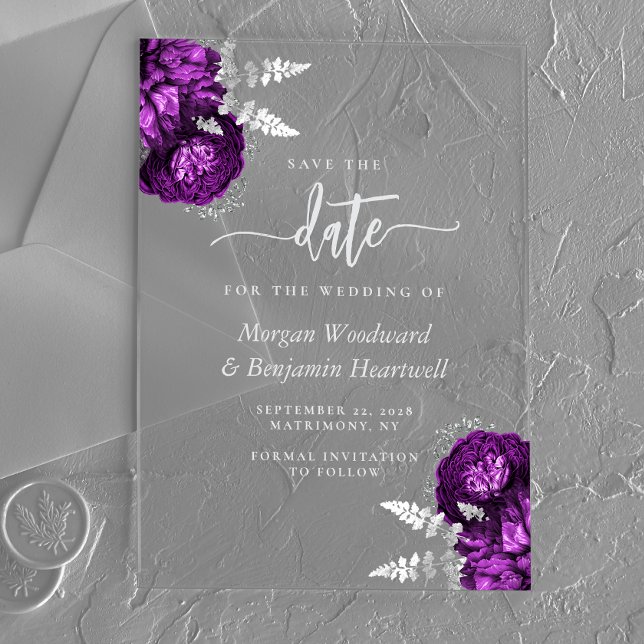 Purple Silver Floral Wedding Save the Date Acrylic Invitations (Creator Uploaded)