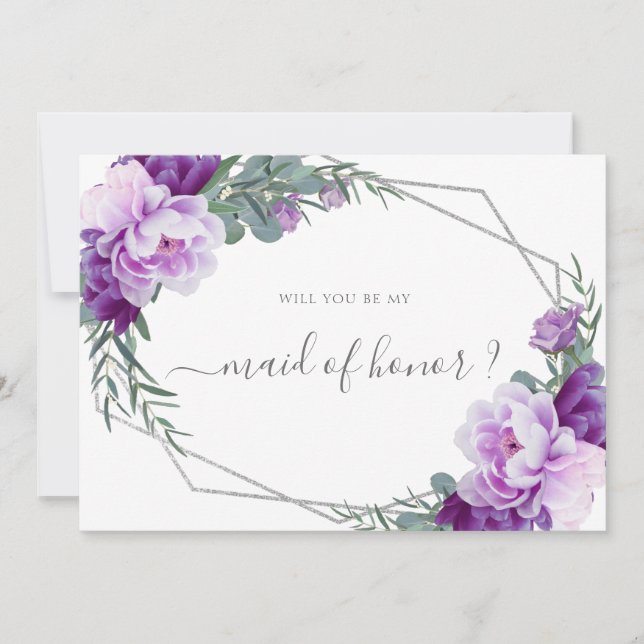 Purple Silver Floral Will You Be My Maid of Honour Invitation (Front)