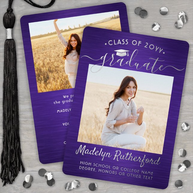 Purple & Silver Foil Photo Graduation Announcement (Creator Uploaded)