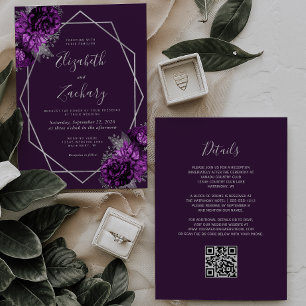 Purple Silver Geometric Floral QR Code Wedding Invitation