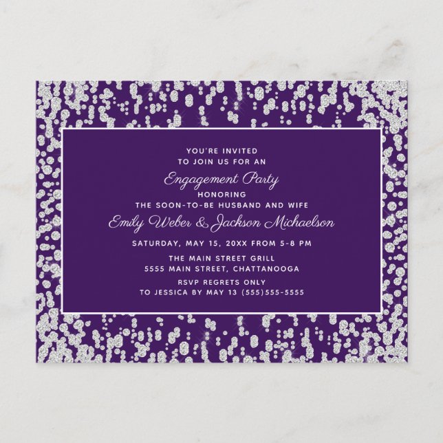 Purple  Silver Glam Confetti Engagement Postcard (Front)