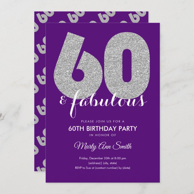 Purple Silver Glitter 60 & Fabulous Birthday Party Invitation (Front/Back)