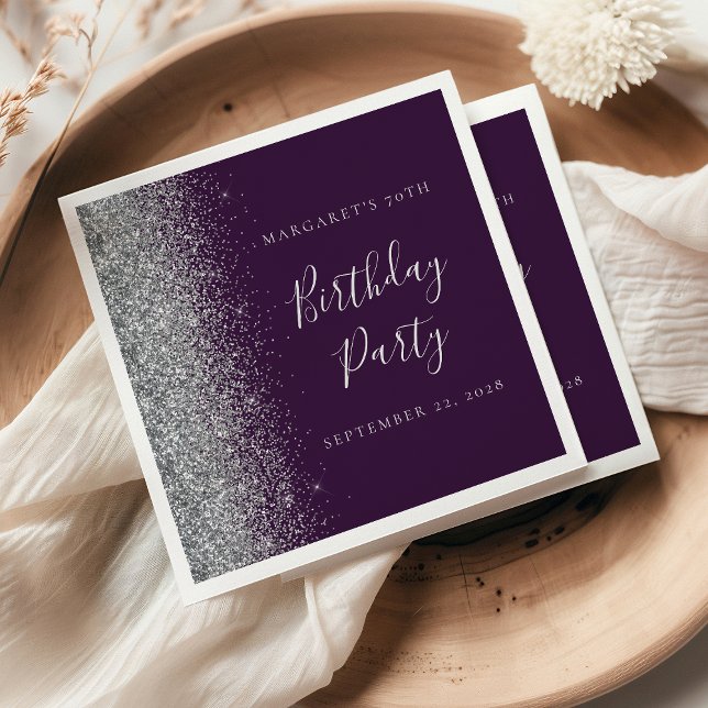 Purple Silver Glitter 70th Birthday Napkin (Creator Uploaded)