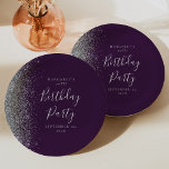 Purple Silver Glitter 70th Birthday Paper Plate<br><div class="desc">The left-hand edge of these elegant modern birthday paper plates features a silver faux glitter design. The words "Birthday Party" appear in silver grey whimsical handwriting script. Add the guest of honour's name and birthday,  along with the party date,  in silver grey copperplate font.</div>