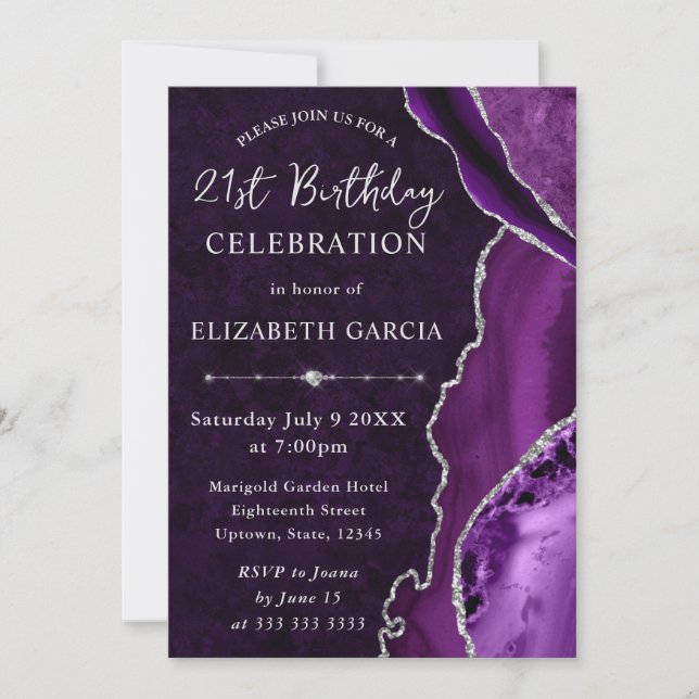 Purple & Silver Glitter Agate and marble Birthday Invitation (Front)