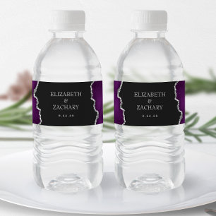 Purple Silver Glitter Agate Dark Wedding Water Bottle Label