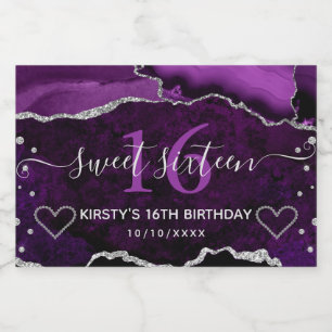 Purple & Silver Glitter Agate Marble Sweet 16 Sparkling Wine Label