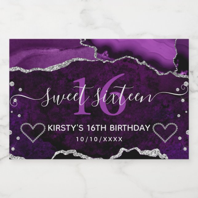 Purple & Silver Glitter Agate Marble Sweet 16 Sparkling Wine Label (Single Label)