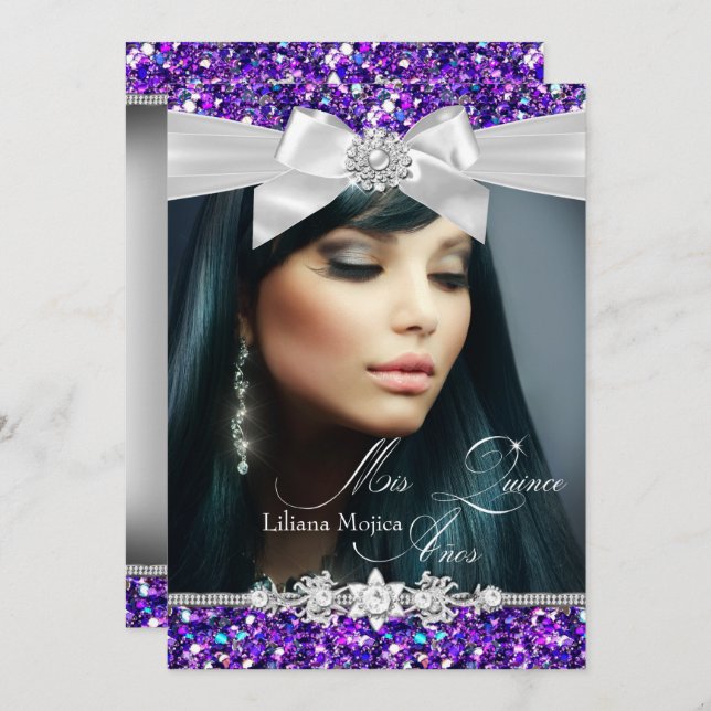 Purple Silver Glitter Bow Photo Quinceanera Invite (Front/Back)