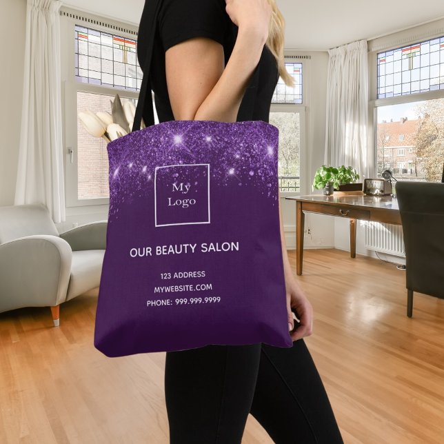 Purple silver glitter business logo beauty salon tote bag (Creator Uploaded)