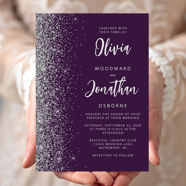 Purple Silver Glitter Calligraphy Wedding Invitation (Creator Uploaded)
