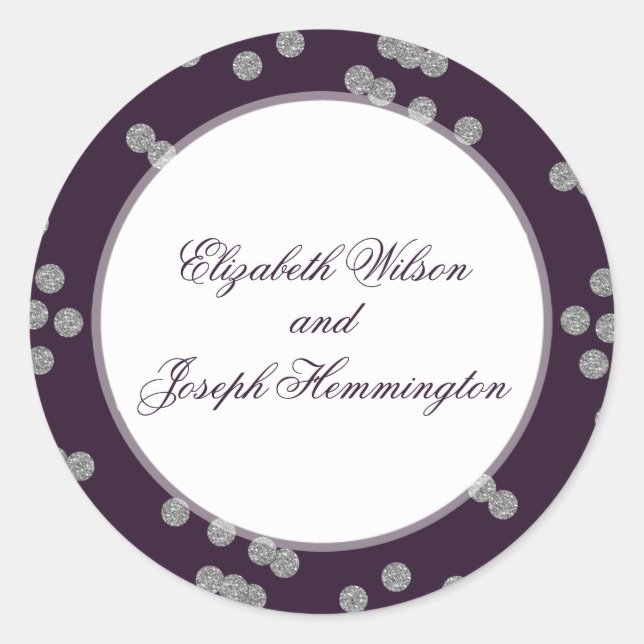 Purple Silver Glitter Confetti Elegant Wedding Classic Round Sticker (Front)