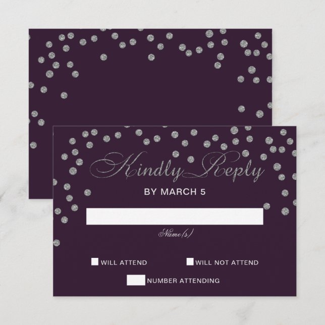 Purple Silver Glitter Confetti Elegant Wedding RSVP Card (Front/Back)