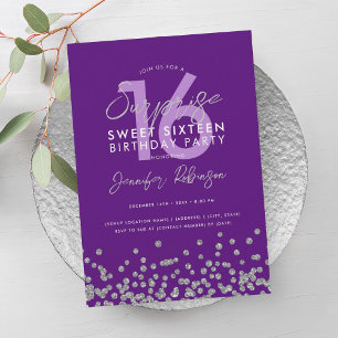 Purple Silver Glitter Confetti Surprise Sweet 16  Invitation