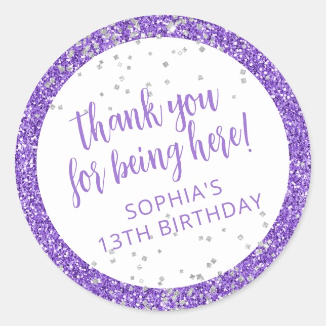 Purple Silver Glitter Confetti Thank You Classic Round Sticker (Front)