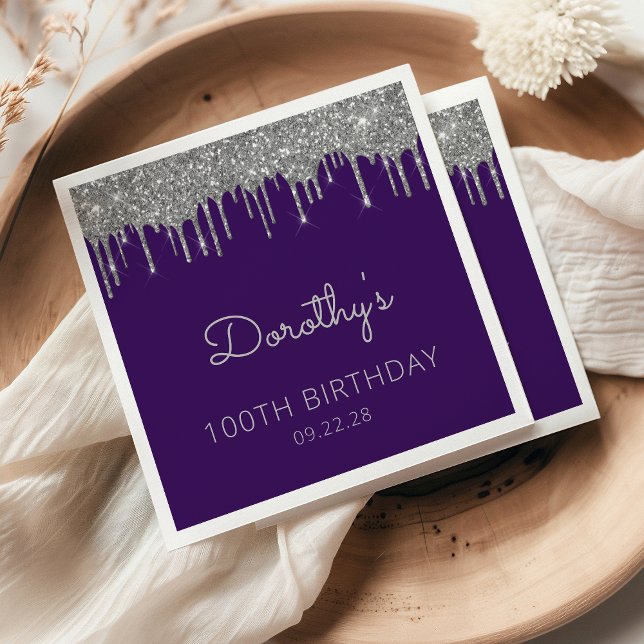 Purple Silver Glitter Drip 100th Birthday Party Napkin (Creator Uploaded)