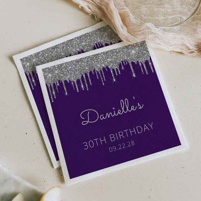 Purple Silver Glitter Drip 30th Birthday Party Napkin (Creator Uploaded)