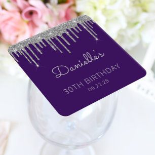 Purple Silver Glitter Drip 30th Birthday Party Square Paper Coaster