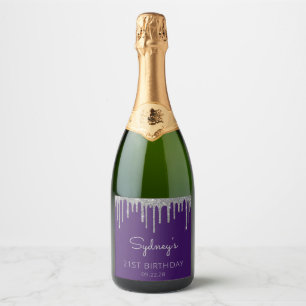 Purple Silver Glitter Drip 40th Birthday Party Sparkling Wine Label