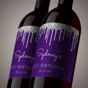 Purple Silver Glitter Drip 40th Birthday Party Sparkling Wine Label