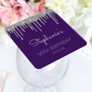 Purple Silver Glitter Drip 40th Birthday Party Square Paper Coaster