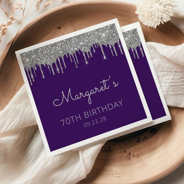 Purple Silver Glitter Drip 70th Birthday Party Napkin (Creator Uploaded)