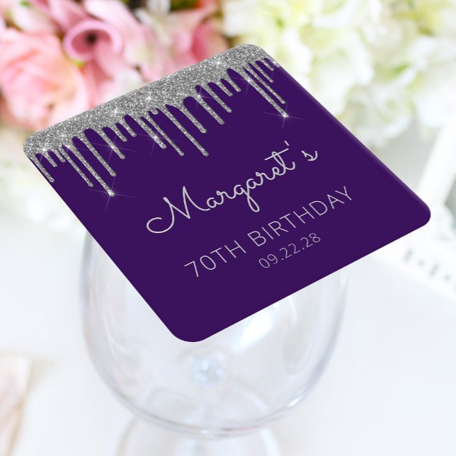 Purple Silver Glitter Drip 70th Birthday Party Square Paper Coaster (Creator Uploaded)