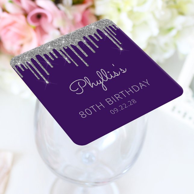 Purple Silver Glitter Drip 80th Birthday Party Square Paper Coaster (Creator Uploaded)